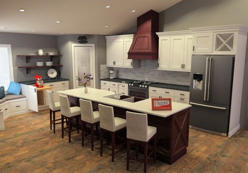Modern kitchen with white cabinets, island seating, stainless fridge, and red range hood