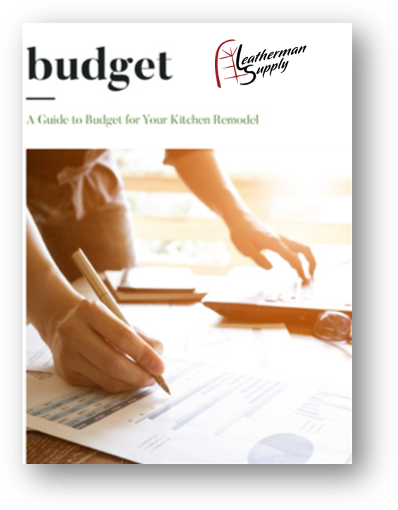 Cover for “Budget” guide to kitchen remodeling, showing hands sketching plans on a desk.