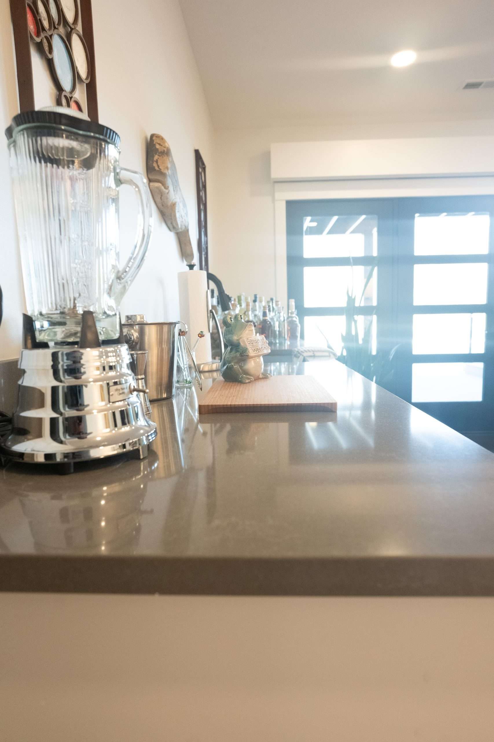 Kitchen counter with a blender, decor, and sunlight streaming through a glass door