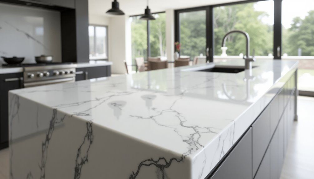 Modern kitchen with a large white marble island, black fixtures, and floor-to-ceiling windows.