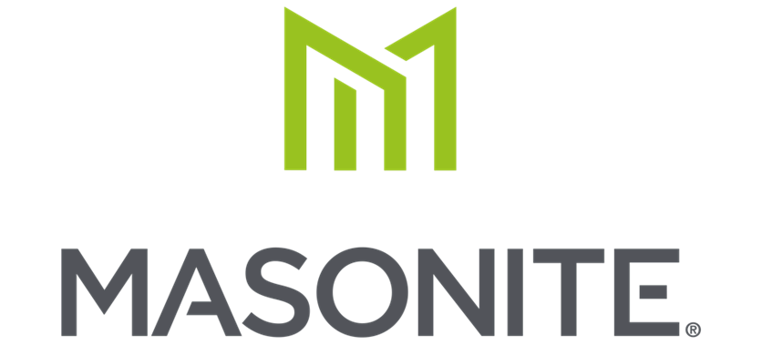 Masonite logo with green stylized M above gray wordmark on white background