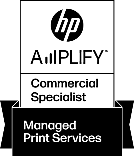 The hp amplify commercial specialist managed print services logo is black and white.