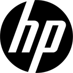 The hp logo is black and white in a circle.