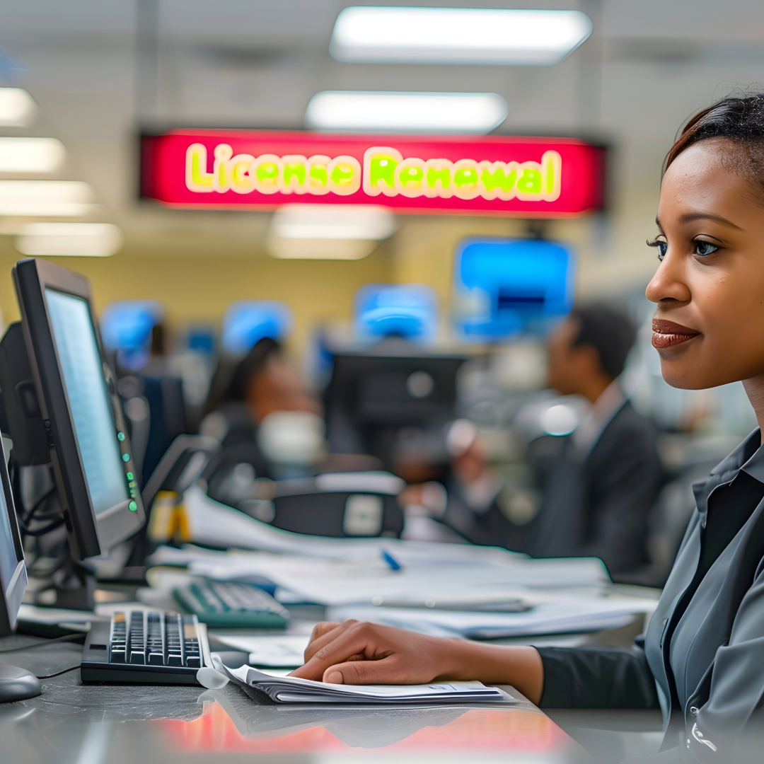 A woman sits at a desk in front of a sign that says license renewal