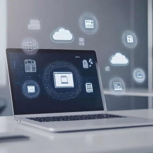 A laptop computer is sitting on a desk with a lot of icons on the screen.