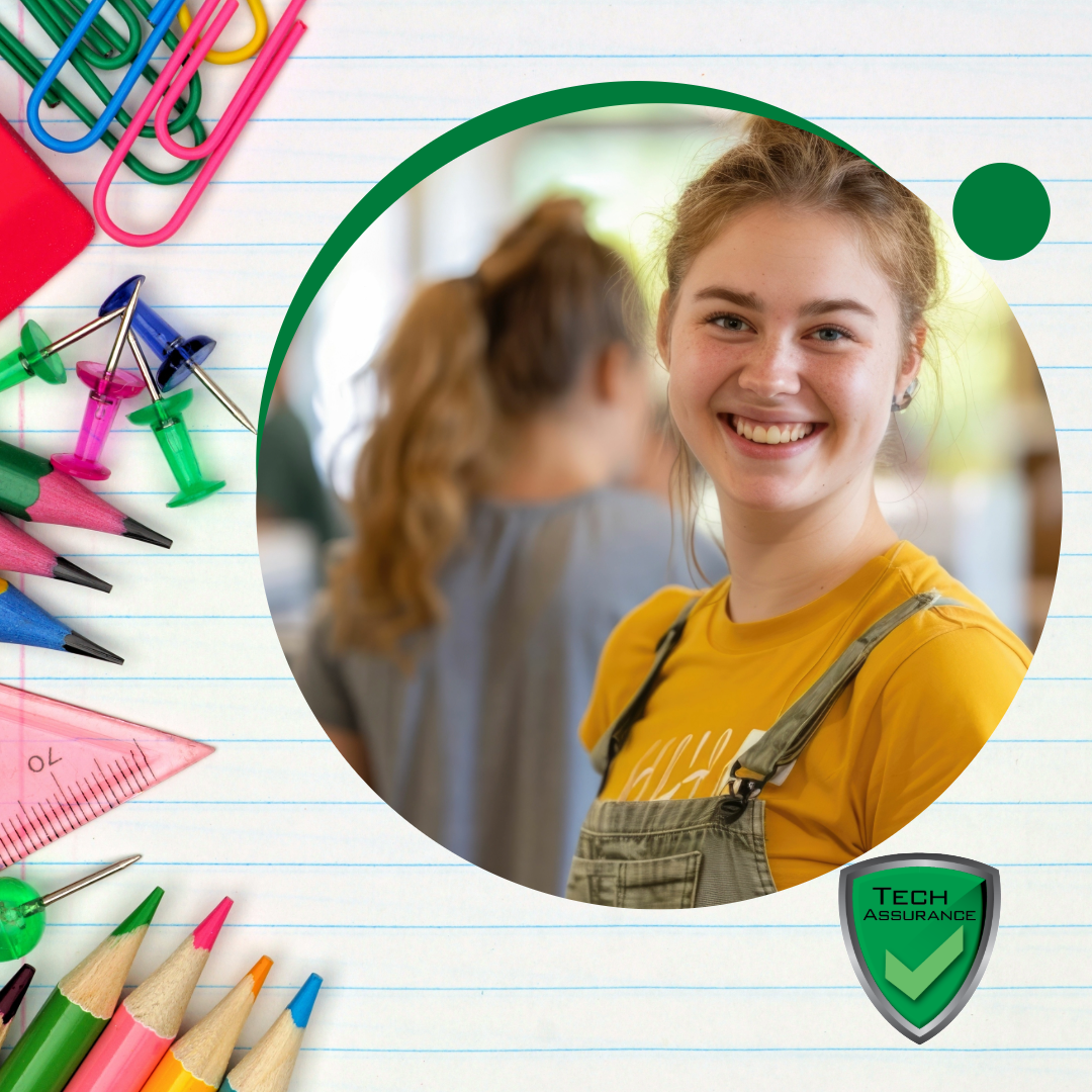 A woman is smiling in a circle surrounded by school supplies