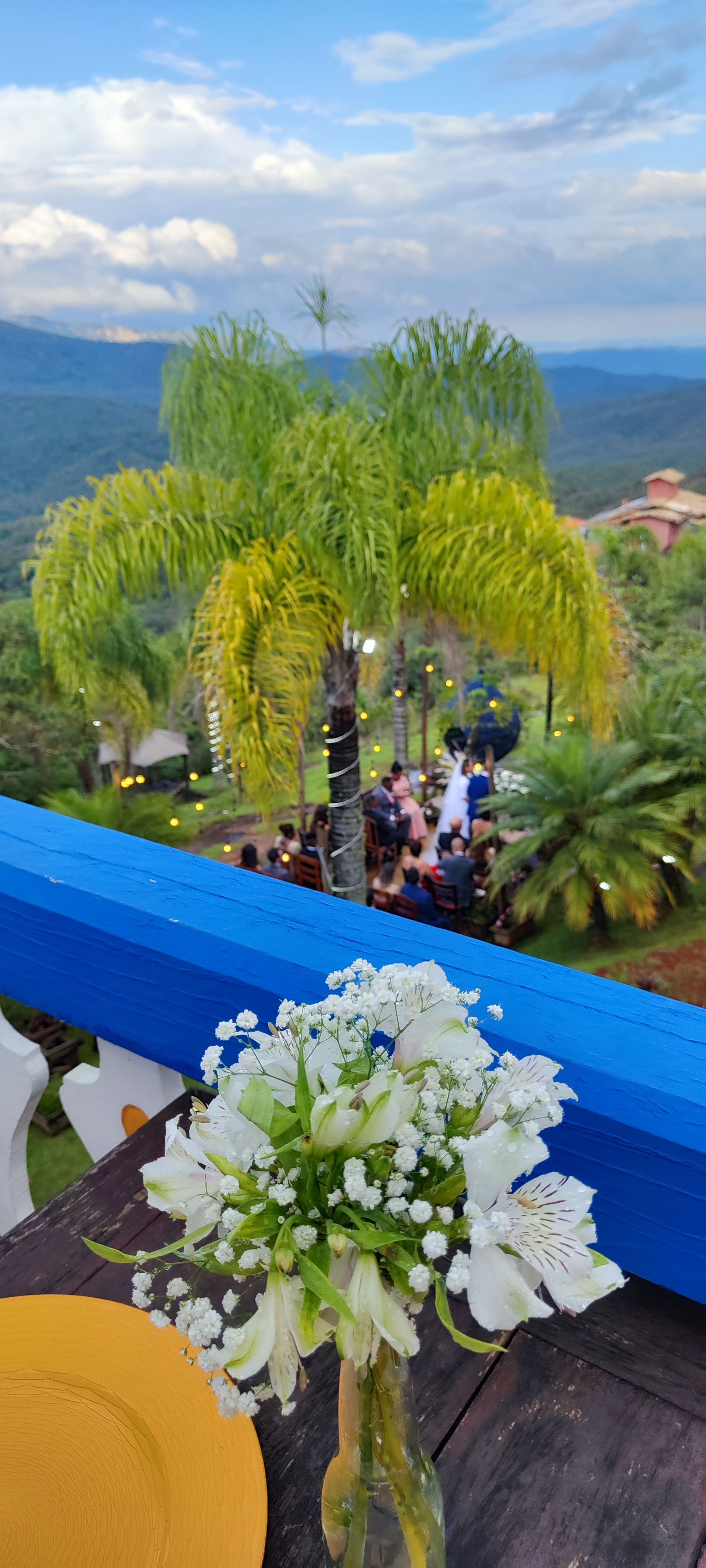Flores brancas em uma borda azul oferecem vista para um jardim exuberante e para as montanhas ao longe.