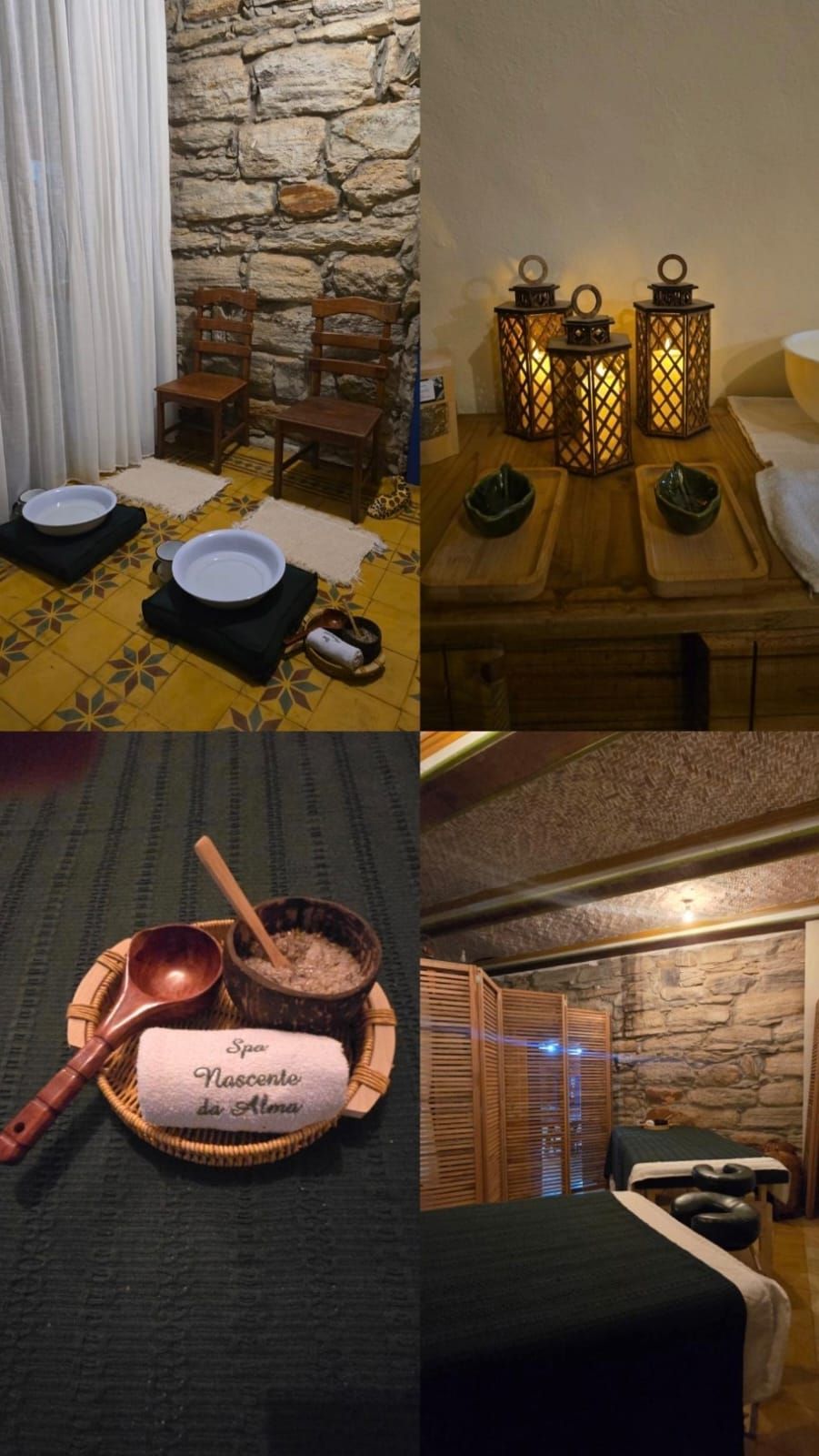 Colagem de uma sala de spa aconchegante com mesa de massagem, velas, toalhas e decoração de parede de pedra.
