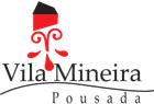 Logotipo da Vila Mineira Pousada com emblema e texto estilizados em preto, vermelho e branco.