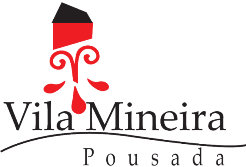 Logotipo da Vila Mineira Pousada com emblema e texto estilizados em preto, vermelho e branco.
