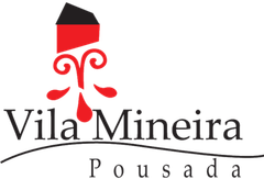 Logotipo da Vila Mineira Pousada com emblema e texto estilizados em preto, vermelho e branco.