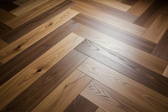 Herringbone pattern wood floor in light and dark brown.