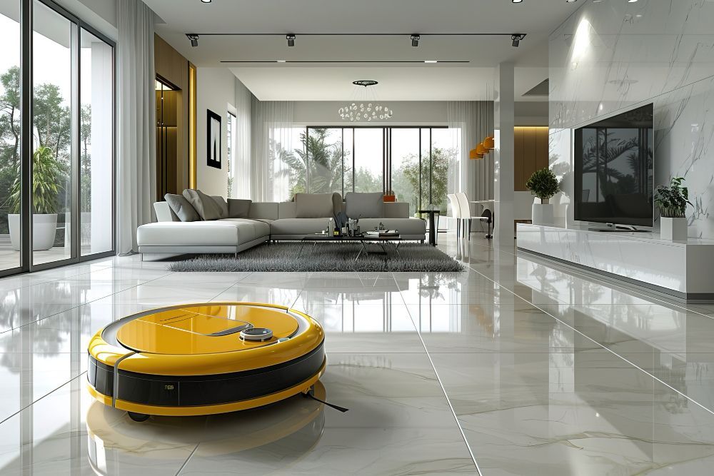 Yellow robot vacuum cleaning a modern living room with marble floors and large windows.