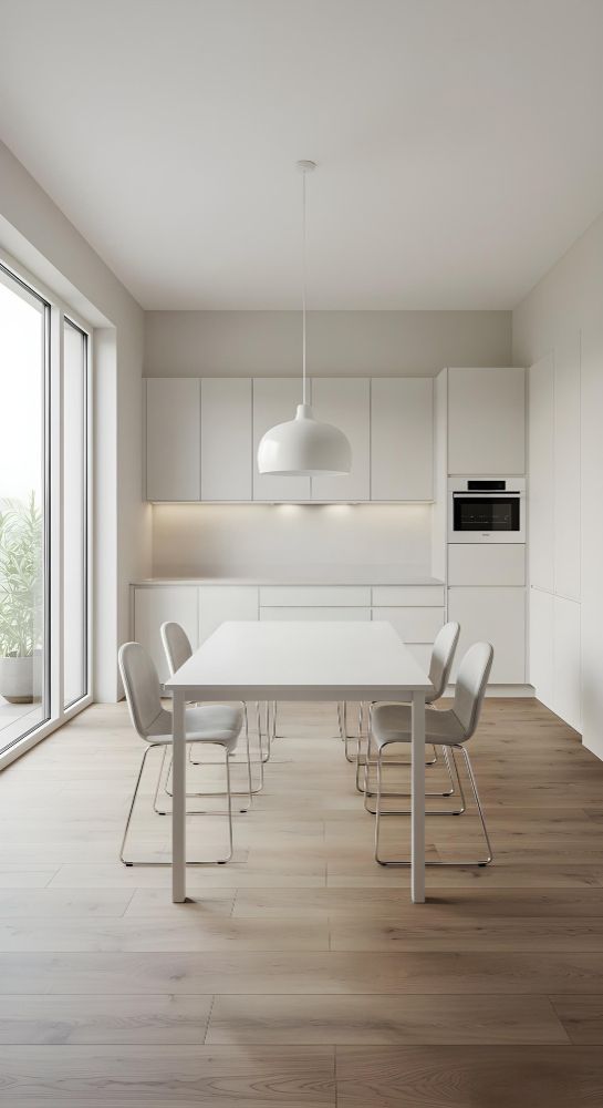 White minimalist kitchen with dining table and chairs, large window, and light wooden floor.