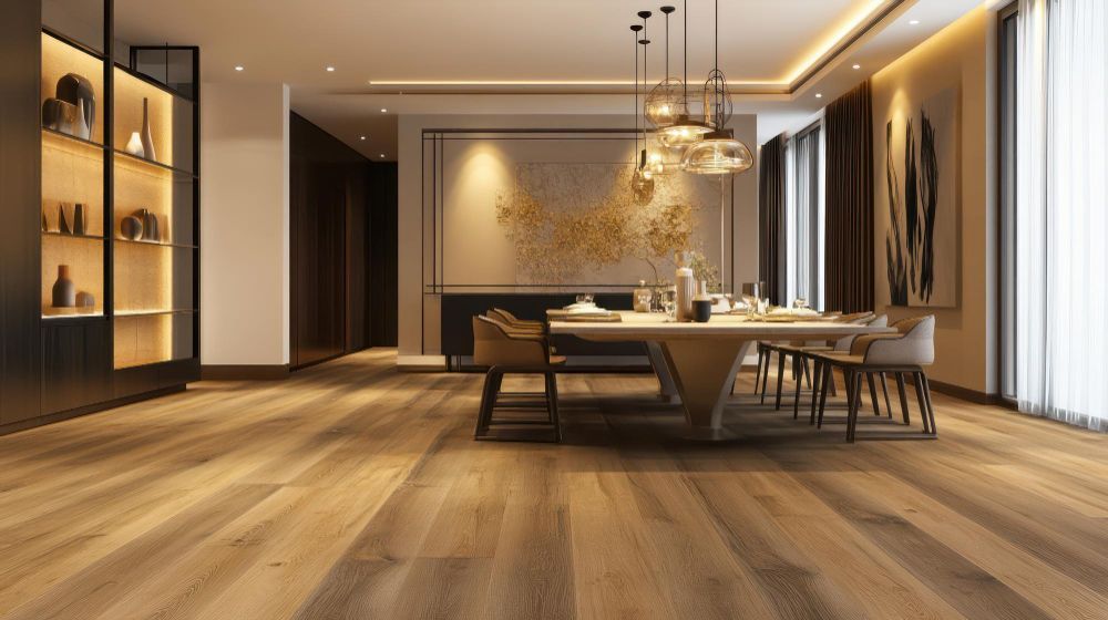 Elegant dining room with wooden floor, table, chairs, and modern lighting.