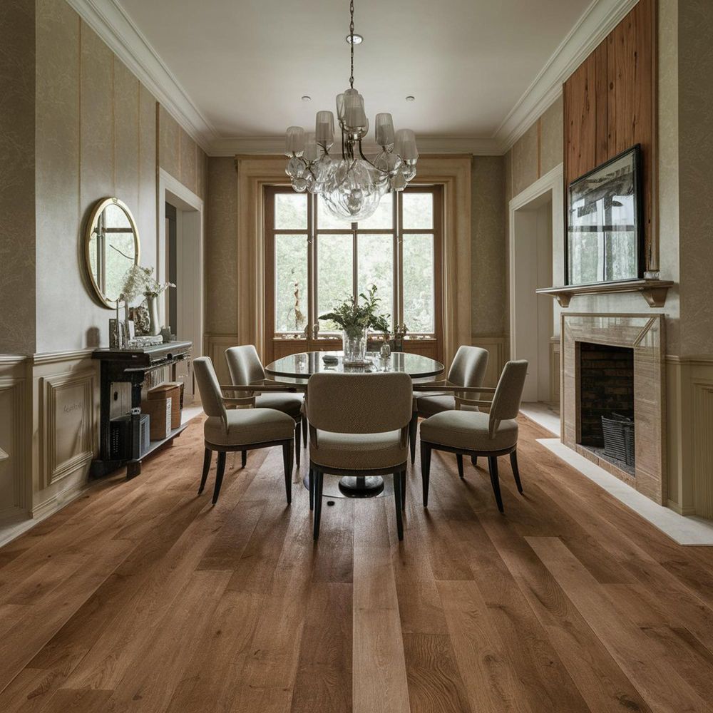 Dining room with wooden floor, table, chairs, chandelier, and fireplace.