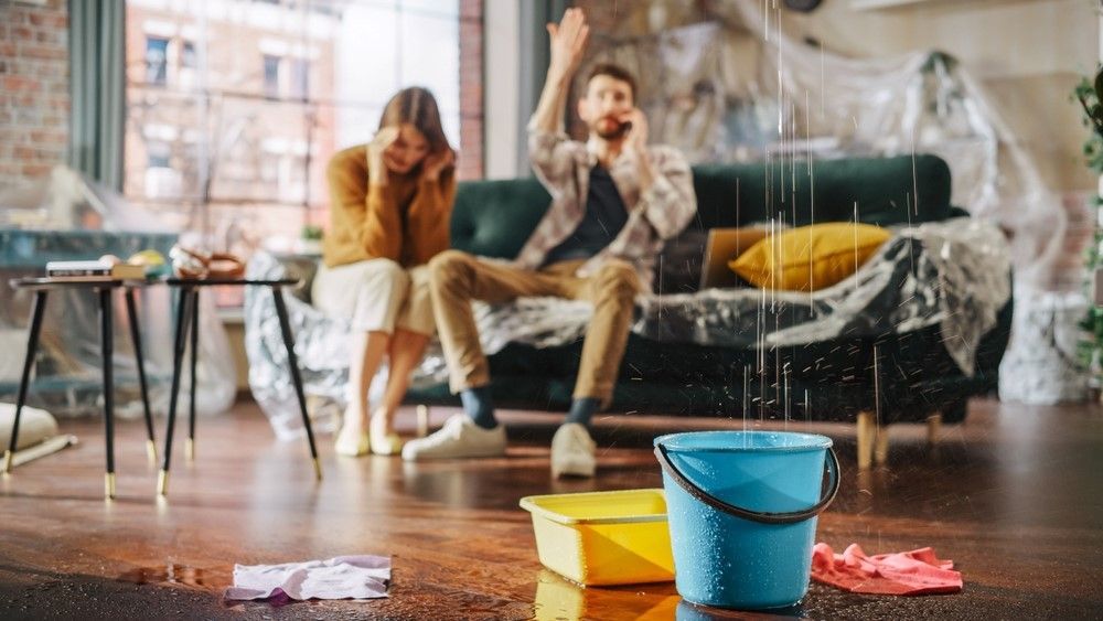 Couple reacting to a ceiling leak, water dripping into buckets in a living room.