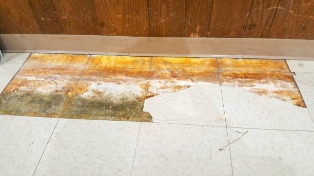 Damaged flooring with white tile and exposed, stained subfloor.