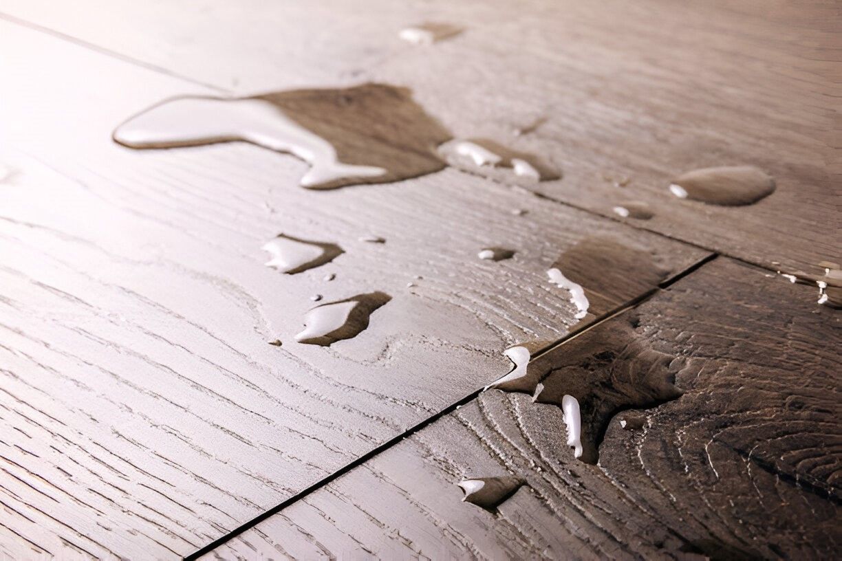 Water spilled on a wooden floor, creating puddles and droplets.
