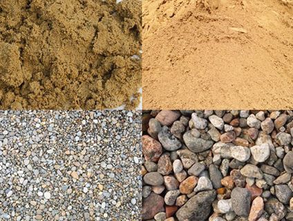 Four close-up piles of sand and gravel in tan, gray, and mixed stone textures.