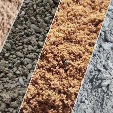 Three diagonal panels of gravelly sand in gray, tan, and bluish gray textures