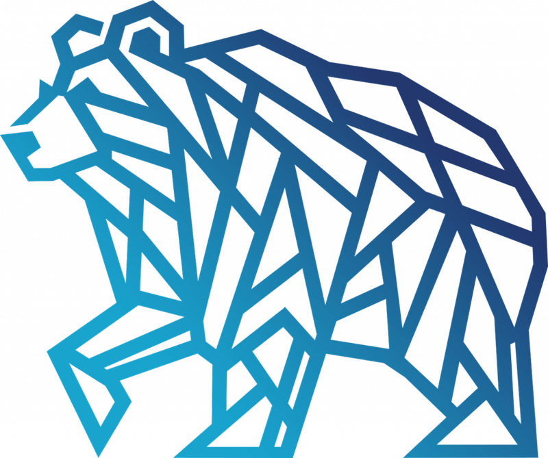 A blue geometric bear is standing on a white background.