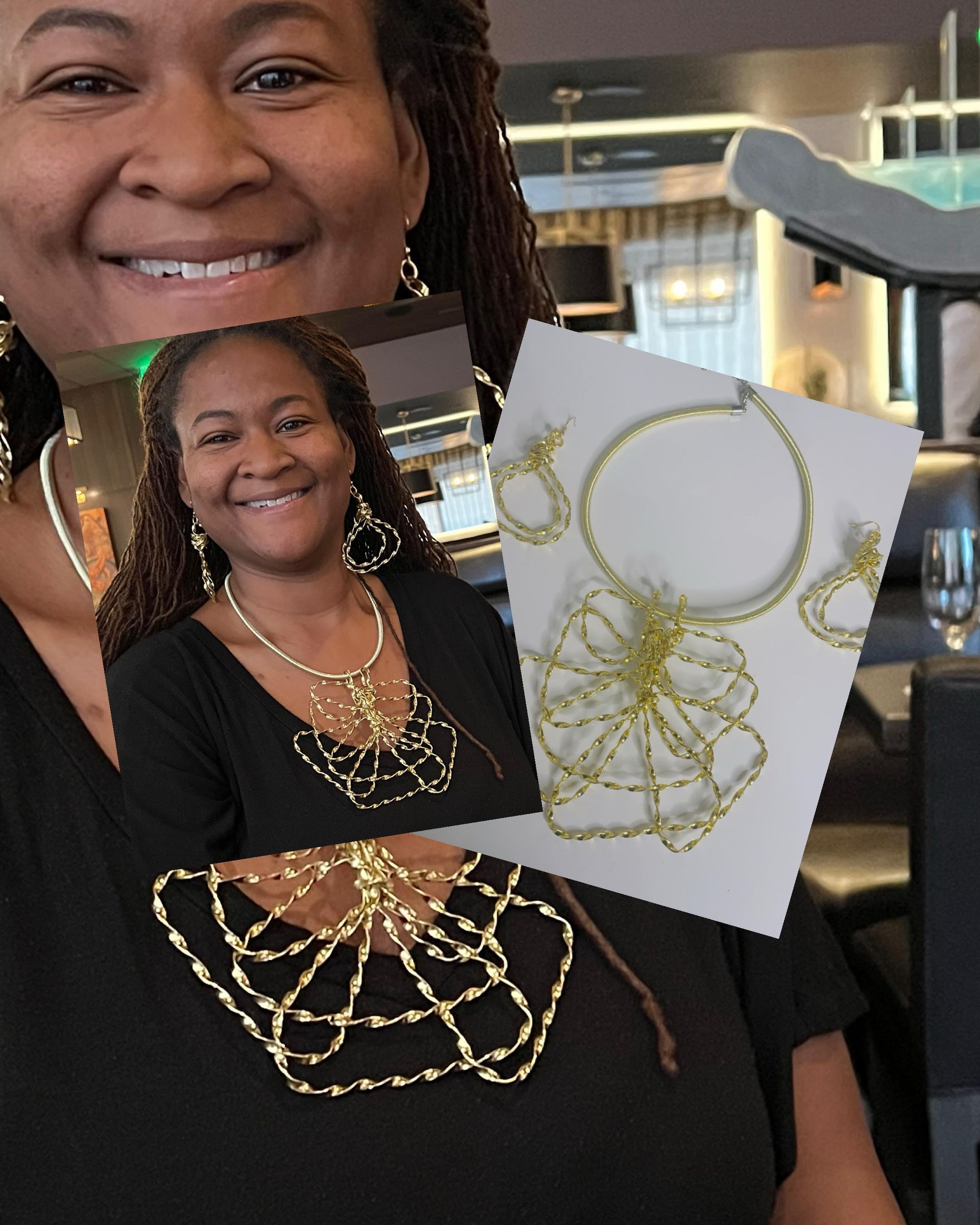 Woman wearing and displaying gold wire jewelry set; smiling, interior.