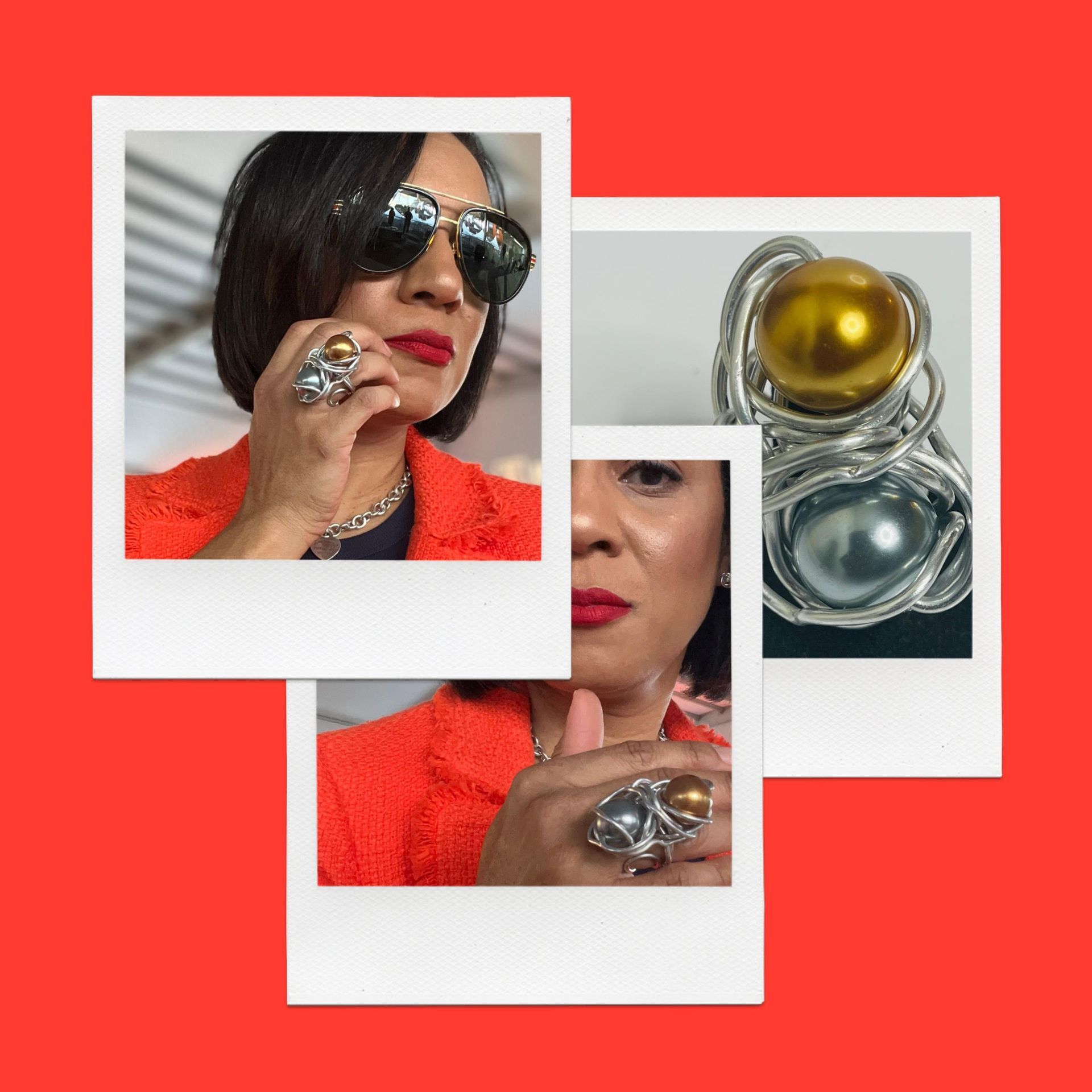 Woman in sunglasses and red jacket, wearing a large ring with gold and silver beads.