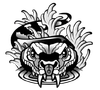 Black and white snake illustration with open mouth, surrounded by stylized water and foliage.