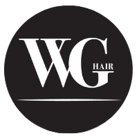Well Guided Hair Logo a WG in white with the word hair resting on the G in smaller text on a black circle background.