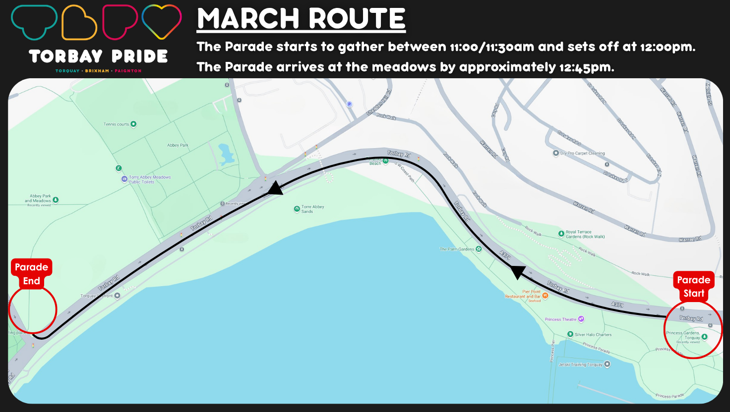 Map showing the Torbay Pride parade route along Torquay seafront from Princess Gardens to Torre Abbey Meadows.
