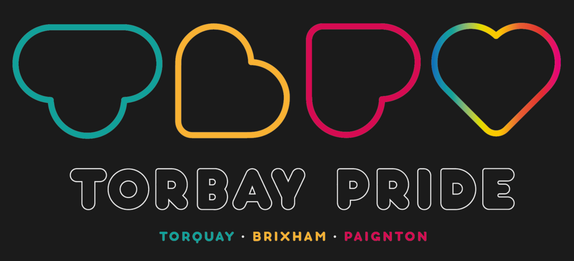 Torbay Pride logo with colourful outlined symbols and the text “Torbay Pride” on a dark background.