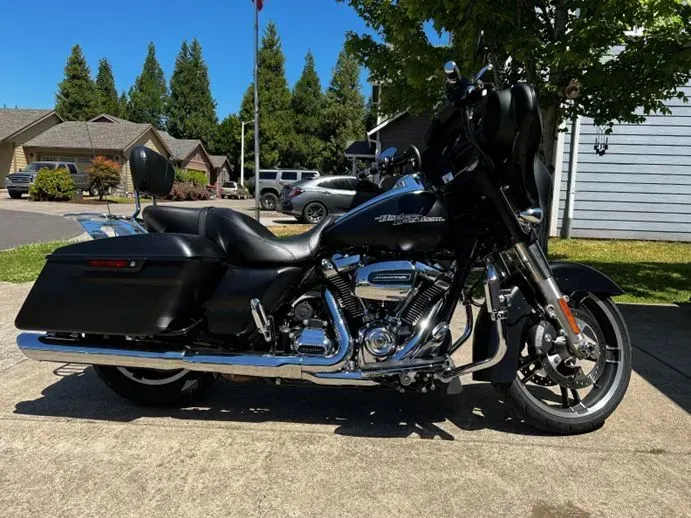 A black harley davidson motorcycle is parked in front of a house