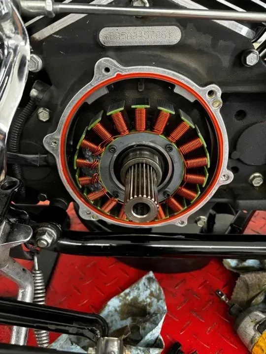 A close up of the inside of a motorcycle engine.