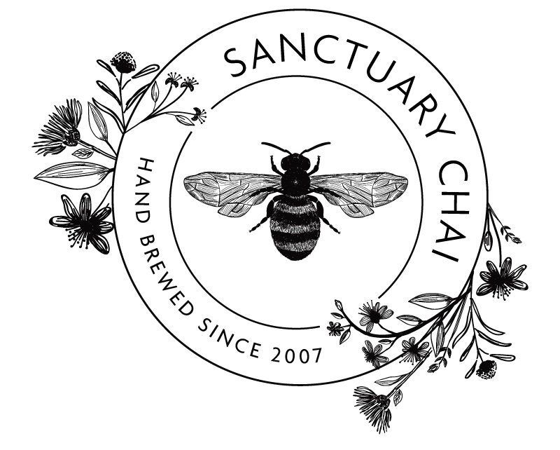 Sanctuary Chai logo with a bee, floral branches, and “hand brewed since 2007” text
