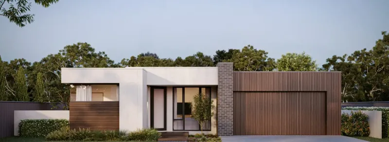 An artist 's impression of a modern house with a wood-look garage door