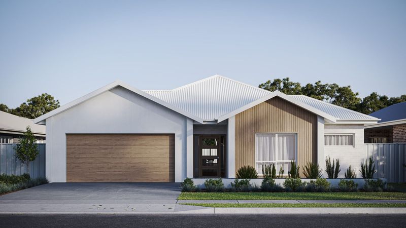 An artist 's impression of a white house with a wood-look garage door.