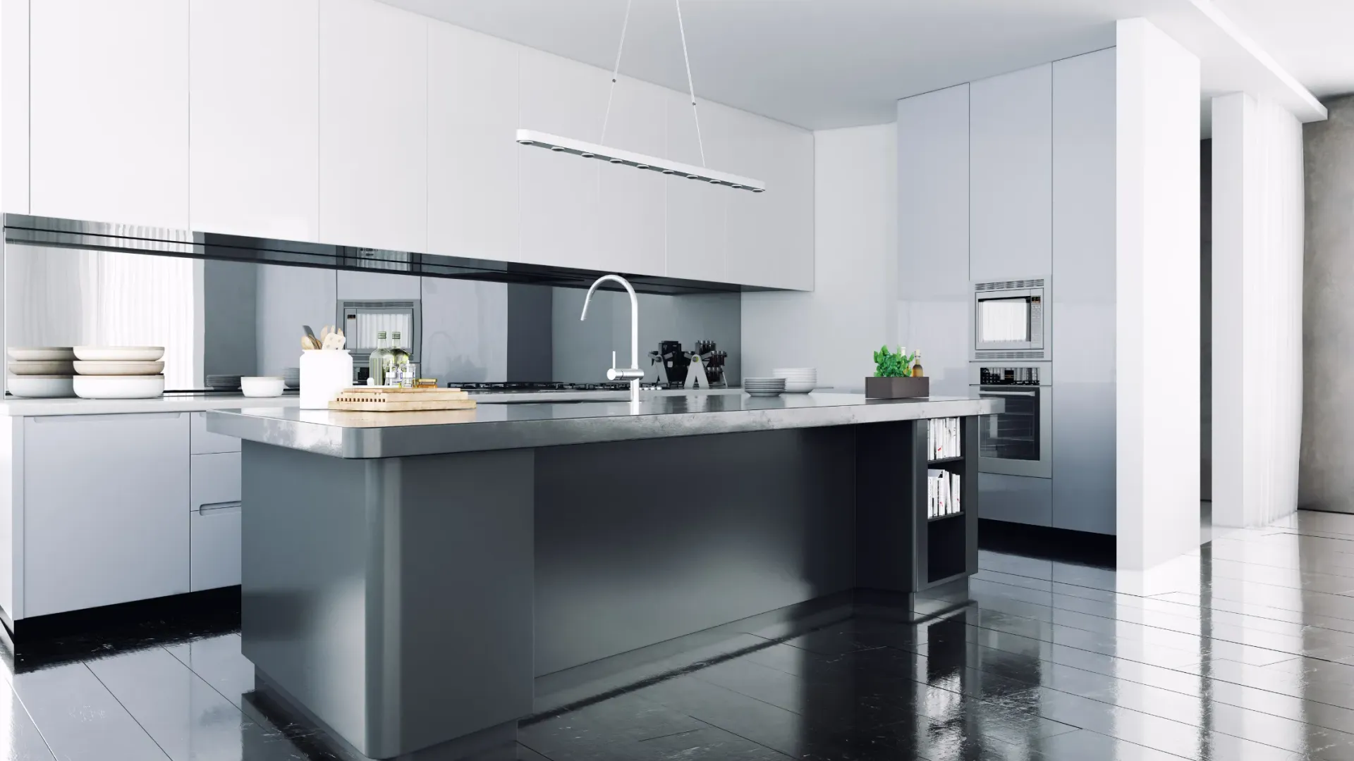 A modern kitchen with stainless steel appliances and a large island.