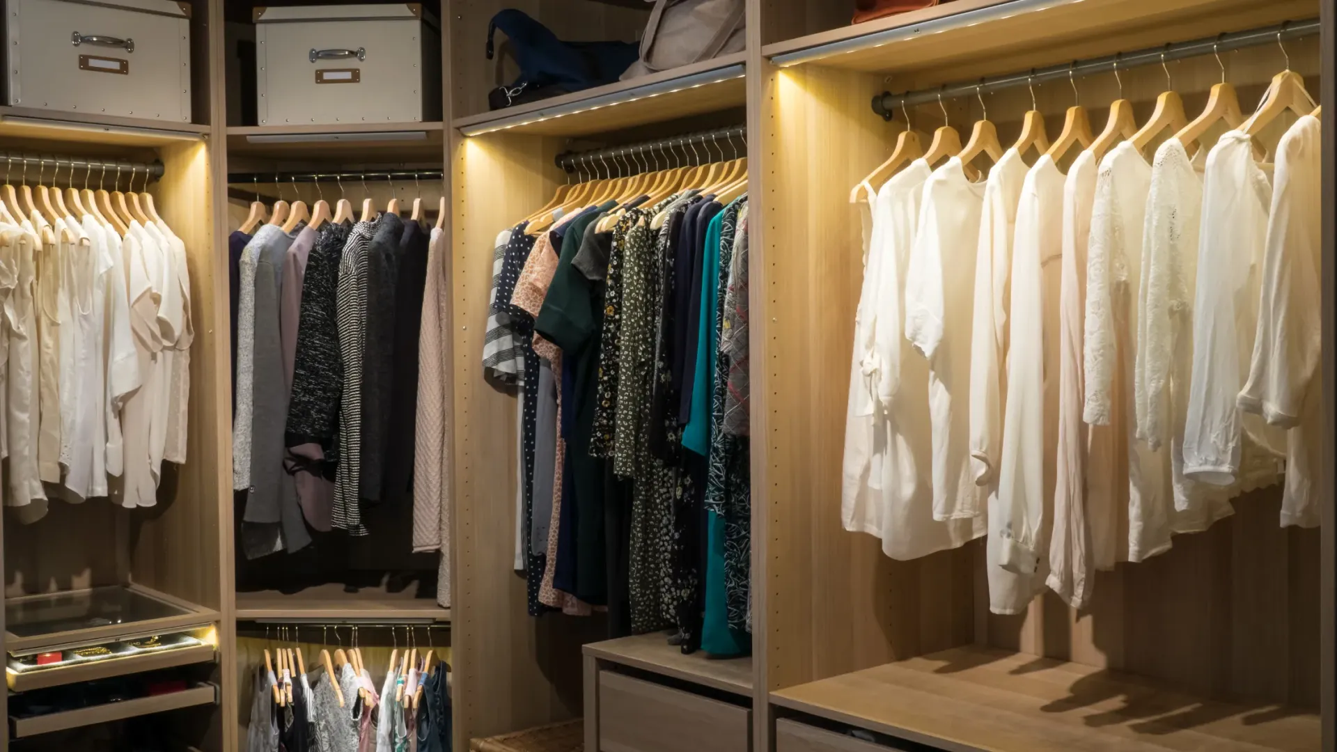 A walk in closet filled with lots of clothes hanging on racks.