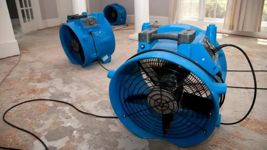 Two blue fans are sitting on the floor of a room.