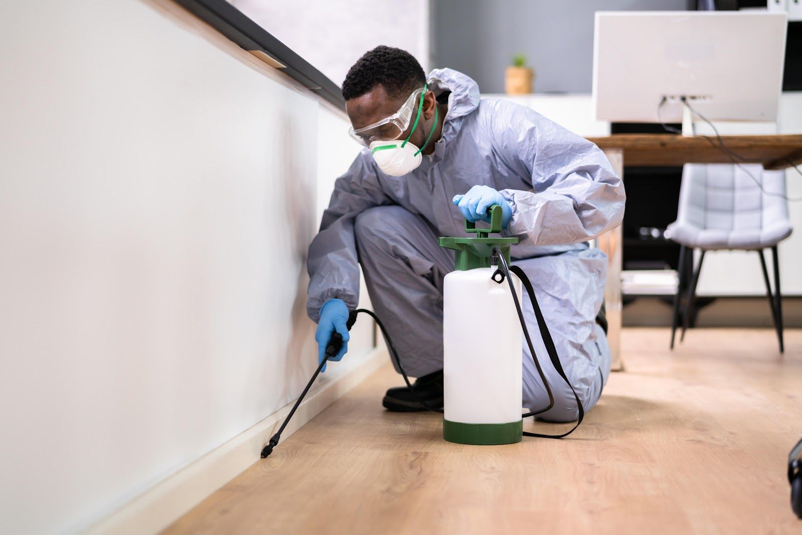 A person in protective gear sprays insecticide along a baseboard indoors.