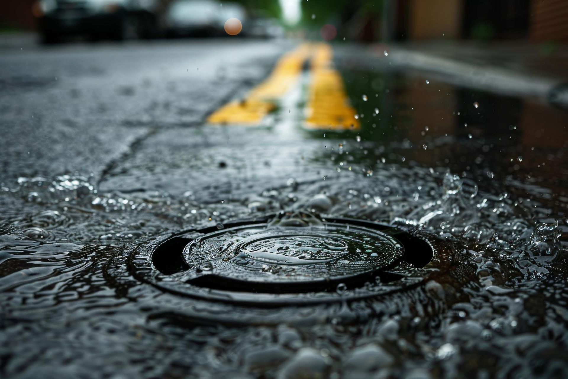 Rain splashes against a dark manhole cover on a wet street with blurred yellow lane markers in the background.