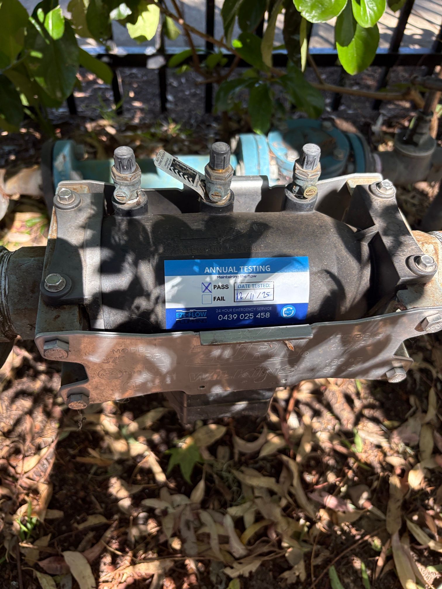 A dark, metallic water backflow preventer device sits outside on the ground, partially covered by scattered dry leaves.