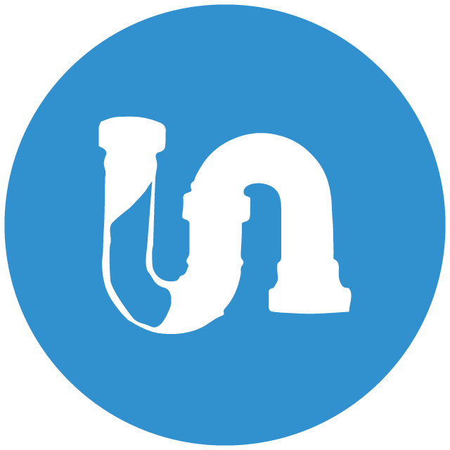 A white icon of a P-trap plumbing pipe centered on a solid blue circle.