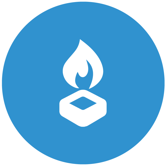 A white icon of a flame burning above a cube, centered on a blue circular background.