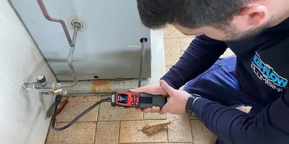 A technician uses a handheld electronic device to inspect a gas water heater pipe fitting on a tiled floor.