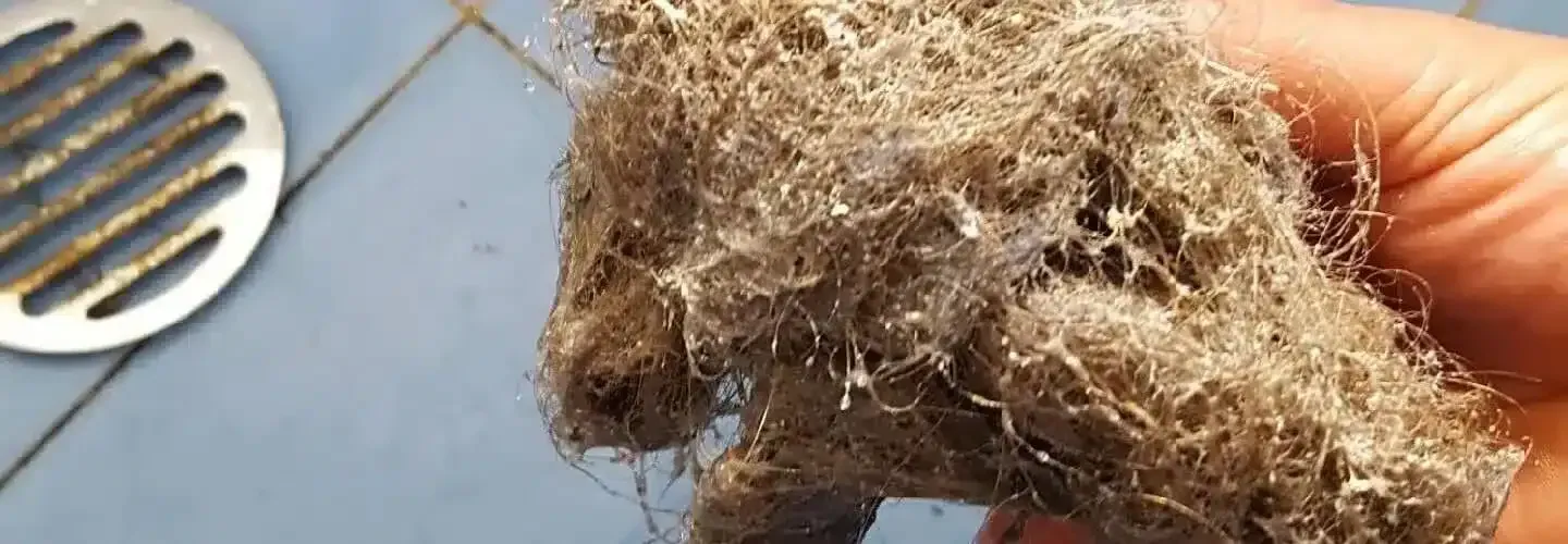 A person holds a large, matted clump of hair and debris removed from a shower drain cover set on a tiled floor.