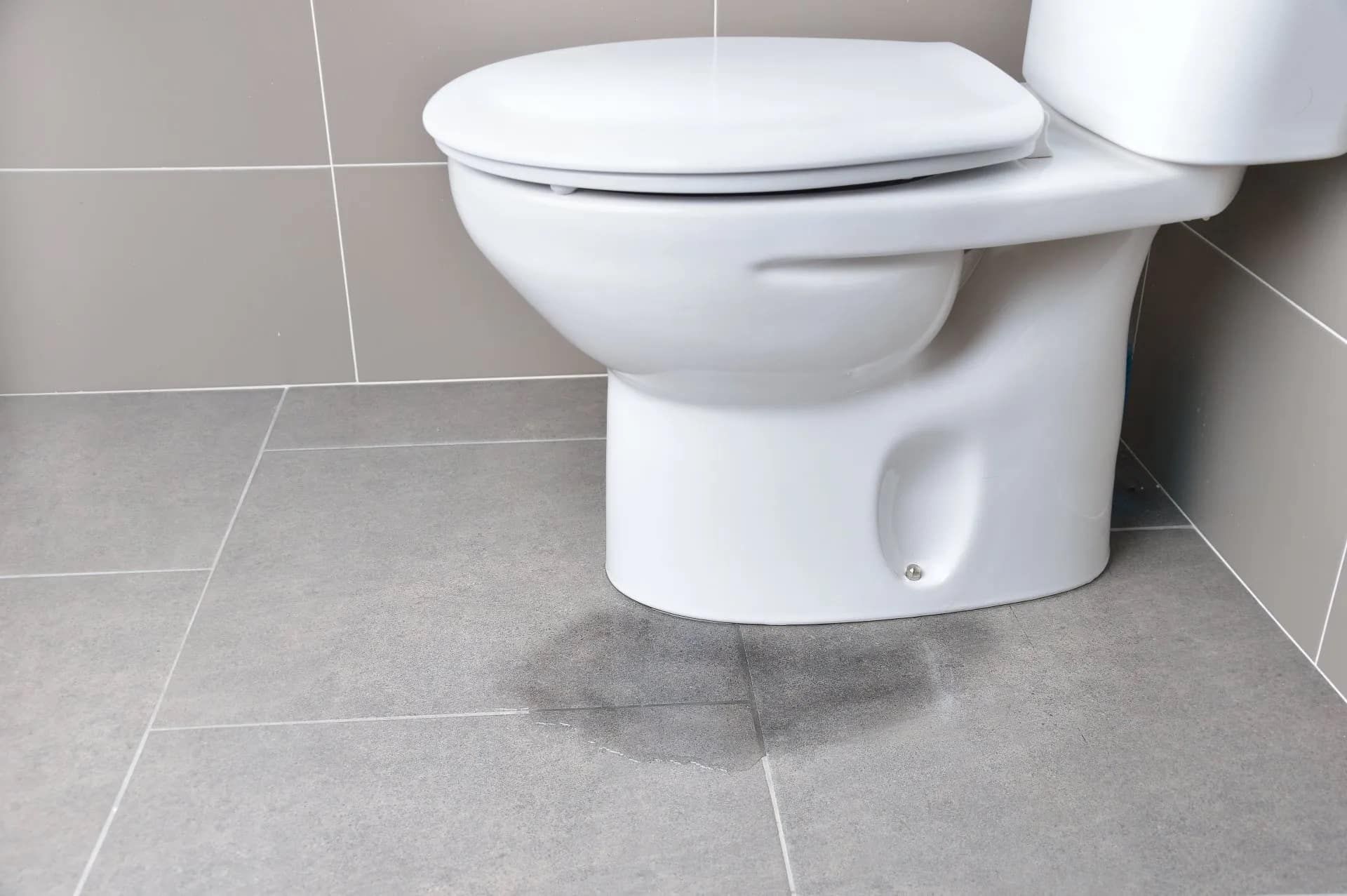 A white toilet in a tiled bathroom with a dark, wet puddle on the floor near its base.