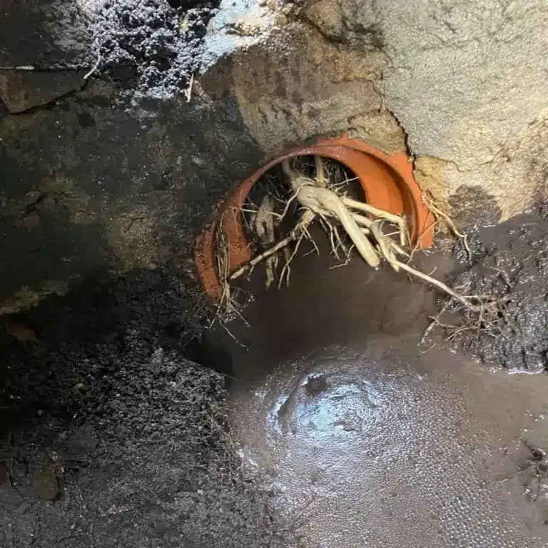 A clogged, orange drainage pipe partially filled with dense tree roots set into a rough stone wall with muddy ground.