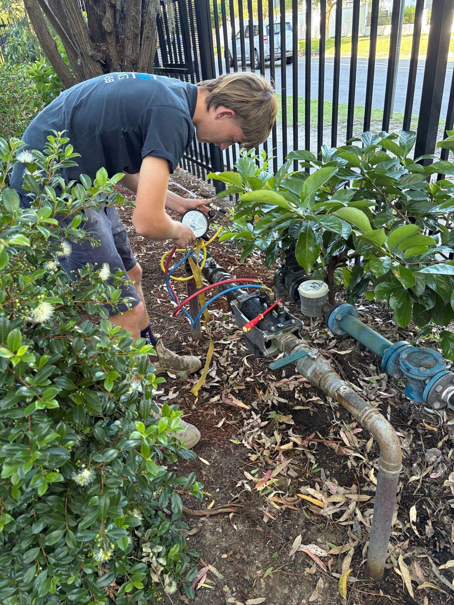 A person in a dark t-shirt kneels in a garden to inspect plumbing pipes and valves near a fence.